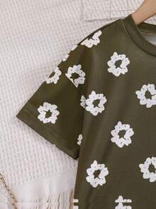 Ensemble 2 pièces pour filles, Top à manches courtes à imprimé floral avec épaules dénudées et jupe évasée à volants de couleur unie, style décontracté, printemps/été - Noir - Voir 4