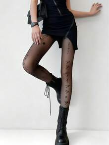 1双女士新款日文字母印花黑色连裤袜，薄透丝袜，黑色INS夜店辣妹时尚，Y2K朋克风，完美适用于音乐节和摇滚音乐节 - 黑色 - 查看 2