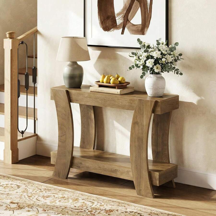 LITTLE TREE Console Table Entryway Sofa Table 2-Tier Narrow Shelves Behind Couch Hallway Foyer Rustic Brown - Brown - View 1