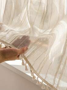 1片日式简约亚麻流苏薄纱窗帘，可过滤光线，杆袋式顶部设计，适用于客厅、卧室、厨房、浴室、橱柜、咖啡厅、小窗户、玄关等场所。 - 摩卡棕 - 查看 8