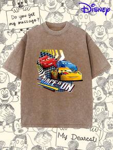 The Disney Cars "The Race Is On" Lightning McQueen Washed T-Shirt Is An Officially Licensed, Stylish Cartoon-Themed Short-Sleeved T-Shirt For Men, Made Of Pure Cotton With A Washed Finish. Soft And Breathable, It Makes A Great Gift For Disney Fans. - Mocha Brown - View 1