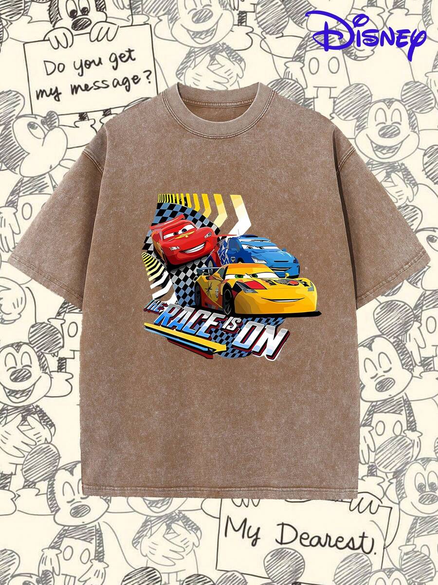 The Disney Cars "The Race Is On" Lightning McQueen Washed T-Shirt Is An Officially Licensed, Stylish Cartoon-Themed Short-Sleeved T-Shirt For Men, Made Of Pure Cotton With A Washed Finish. Soft And Breathable, It Makes A Great Gift For Disney Fans. - Mocha Brown - View 1