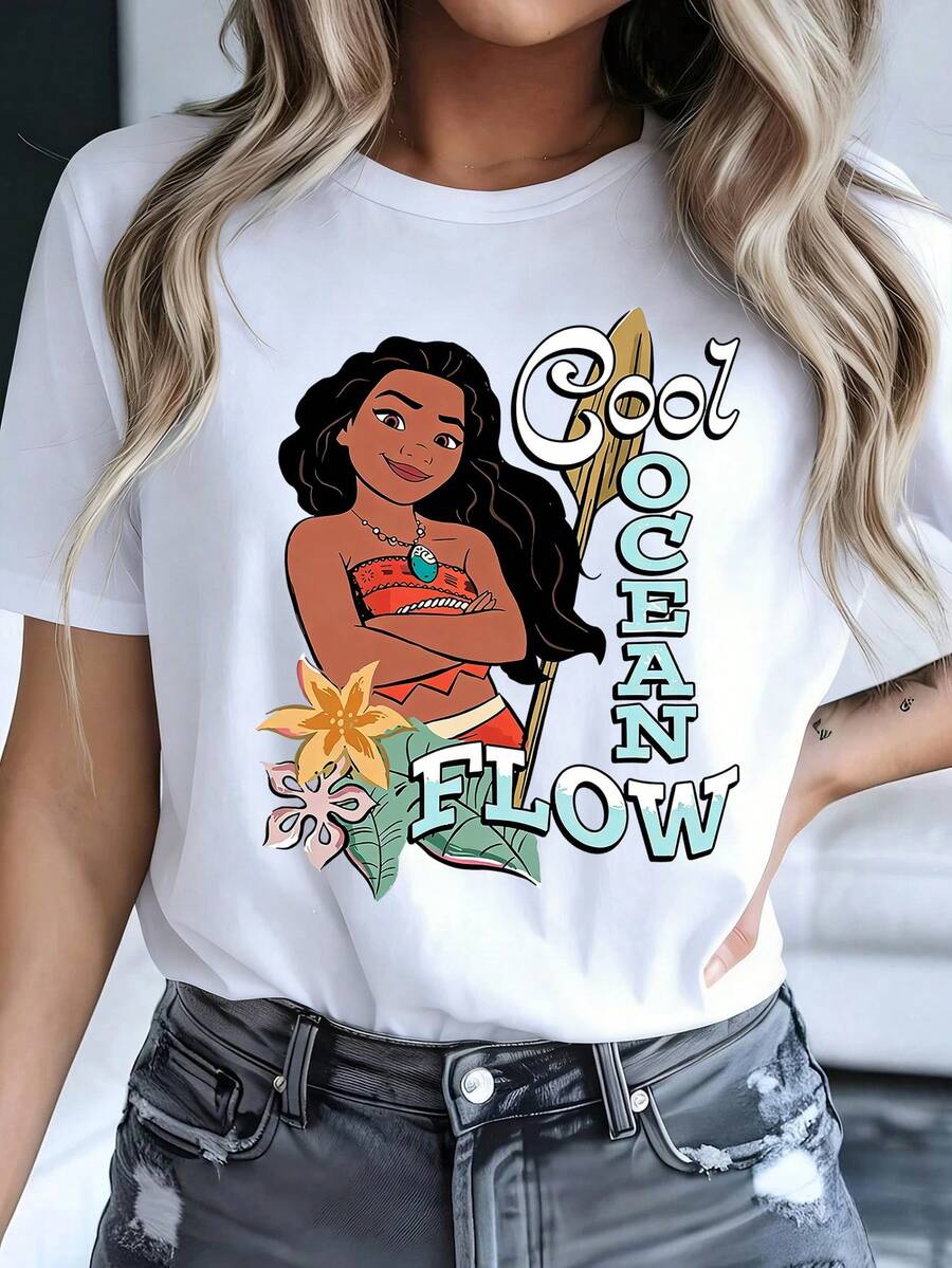 Disney Women's Casual Cotton Moana Print Short Sleeve Round Neck T-Shirt - trắng - Xem 1