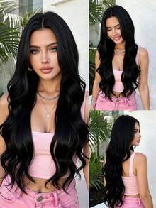 26-Inch 4*1 Small Lace Front Wig Cap, Women's Black Long Curly Wig, Suitable For Cosplay, Various Occasions And Daily Wear. Made Of High-Temperature Resistant Natural Fiber, Smooth And Realistic. - Black - View 2