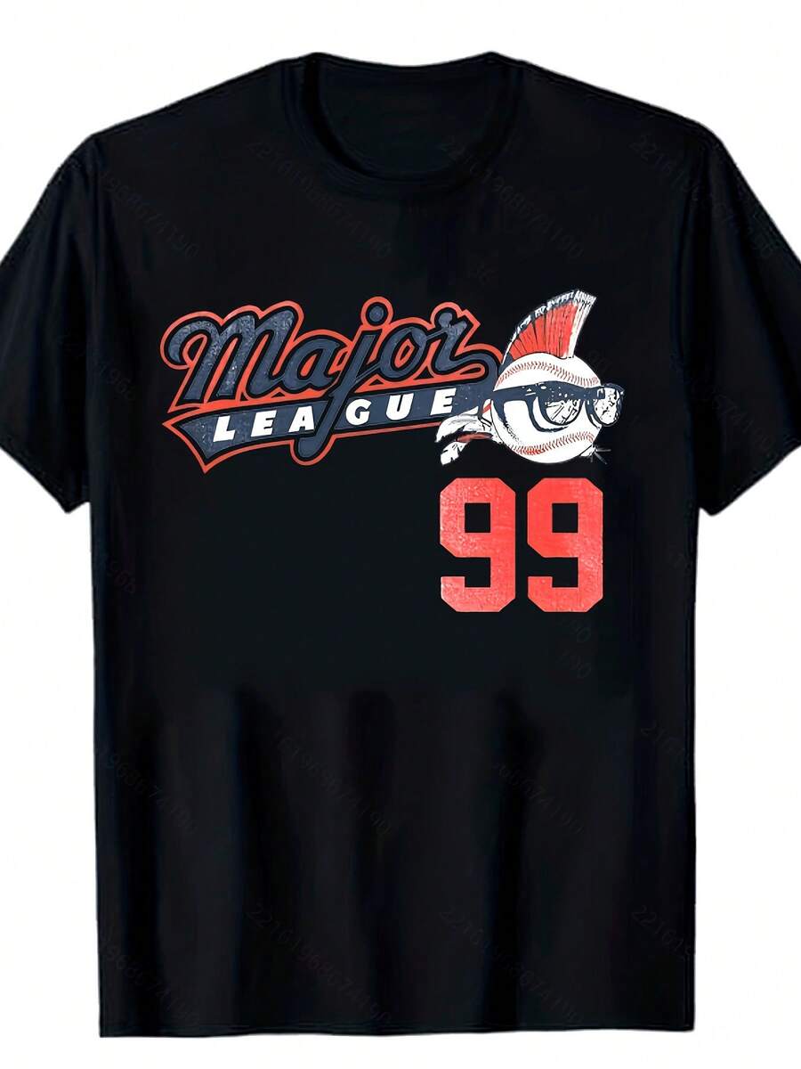 180g Vintage Baseball Pattern T-Shirt - 180g Heavyweight Crew Neck Short-Sleeve Shirt, MAJOR LEAGUE 99 Print, Loose Casual Fit, Machine Washable - 黑色 - 查看 1