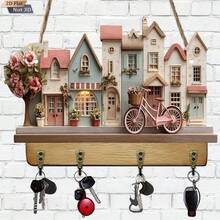[2DFlat] Vintage Distressed Wooden Key Holder With 4 Metal Hooks, 1 Piece, Multifunctional Wooden Home Key Rack, Wall Decor, Entryway Decor, Room Decor, Villa Decor, Year-Round Home Decor - Multicolor - View 4