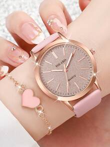 6pcs/Set Women's Gift Watch, Fashion Casual Glitter Dial Quartz Wristwatch + Heart Charm Bracelet (Watch Box Not Included) - Multicolor - View 3