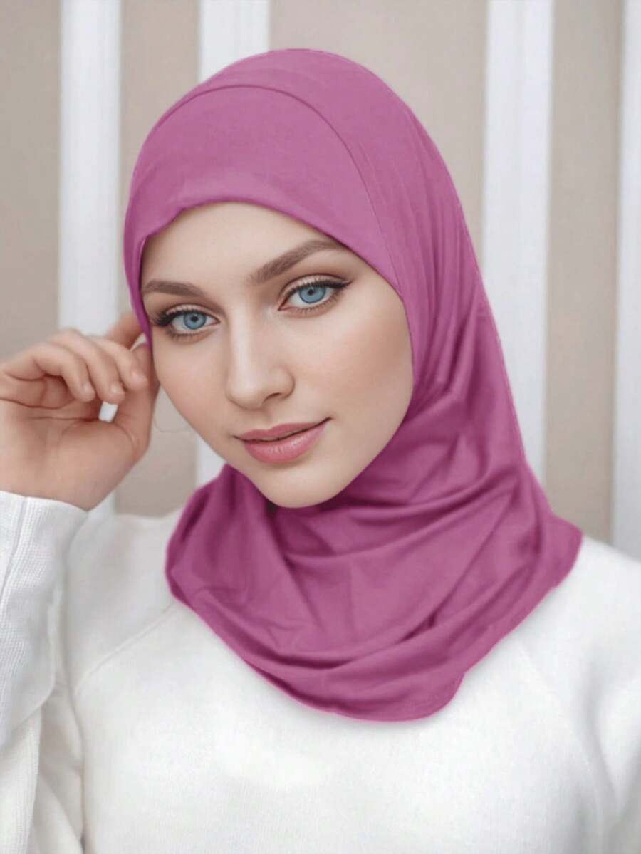 1pc Women's Convenient Headscarf, Full Coverage Chin Sweat Absorbent Solid Color Hijab - Dusty Pink - View 1