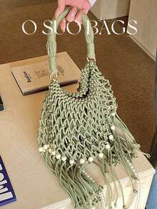 女士手提包，时尚简约，优雅百搭，钩编草编带流苏，搭配珍珠可拆卸肩带，适合海滩、度假、假日、夏季、海边等场合。 - 綠色 - 查看 3