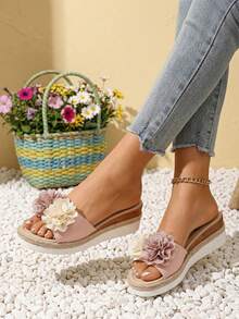 Women's Dual-Color Floral Decor Wedge Slide Sandals, Vacation Style Summer Pink PU Upper One-Piece Rope Platform Sandals, Beach Holiday Slippers, Daily Wear Flip Flops (Floral Direction Random) - Pink - View 6