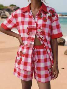 Spring/Summer Women 2-Piece Set, Red & White Plaid Tomato & Fish Print Short Sleeve Shirt And Drawstring Shorts, Italian Casual Holiday Beach Outfit - Multicolor - View 7