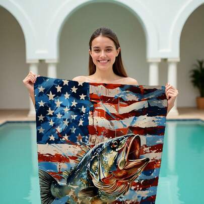 1条美国国旗图案钓鱼沙滩巾，柔软超细纤维面料，适用于浴室、厨房、水疗中心、健身房、海滩、泳池、户外活动、旅行、露营、瑜伽、运动、游泳，高吸水性装饰性涤纶毛巾，尺寸80x160厘米