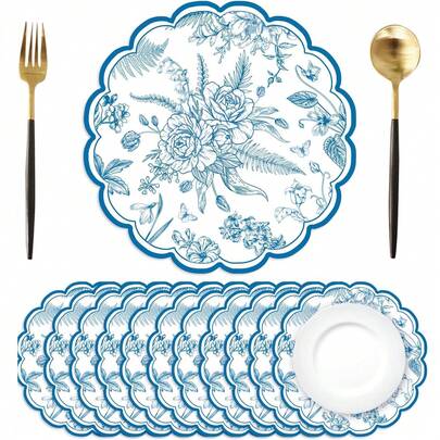 Bộ 12/24 tấm lót bàn tròn 33cm, dùng một lần, họa tiết hoa màu xanh dương, thích hợp cho Giáng sinh, nhà hàng, sinh nhật, tiệc tùng, tiệc chiêu đãi, tiệc tốt nghiệp.