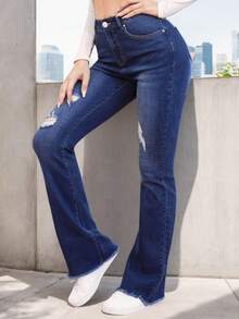 Pantalones vaqueros de mujer Skinny con elástico y rasgados, pantalones acampanados de cintura alta azules, leggings de mujer, jeggings acampanados, leggings acampanados para mujeres altas - Azul - Ver 4