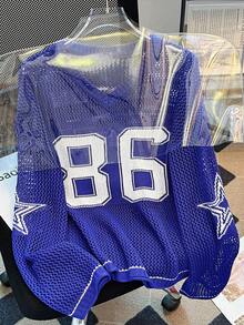 Women's Summer Oversized Sweatshirt, Unisex Casual Loose Fit Numeric Print Lightweight Airy Knit Top Spring - Royal Blue - View 8