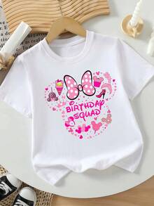 Disney Officially Licensed Minnie Mouse Birthday Squad Heart Print Short Sleeve T-Shirt For Girls, Cute Soft Breathable Casual Top Ideal For Theme Park Visits And Birthday Celebrations - White - View 2