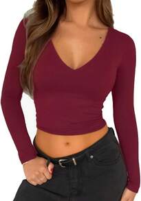 Womens Long Sleeve Crop Tops Shirts Casual V Neck Going Out Top Double Lined Slim Fitted Basic Tee - Burgundy - View 7