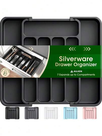 1 قطعة منظم أدوات المطبخ الكبيرة مع أدراج قابلة للتوسيع، صينية أدوات مائدة قابلة للتعديل، مناسب لتخزين أدوات المائدة والملاعق والمكاشط