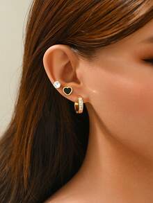 3 Pairs Stainless Steel Micro-Inlaid Diamond Heart Stud Earrings & Hoop Earrings Set, Versatile Daily Wear For Women - Multicolor - View 2