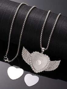Personalized Angel Wings Rhinestone Photo Necklace, Customized Photo Necklace, Hip-Hop Style Photo Pendant, Iced Out Customized Round Photo Pendant ,For Family - Multicolor - View 20