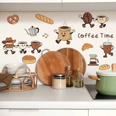 1 pieza Pegatina decorativa de pared con diseño de grano de café de dibujos animados para decorar la cocina, autoadhesiva