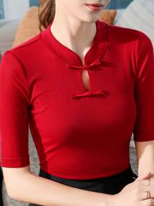 2025 New Chinese Style Button-Up Top, Retro Elegant National Style Women's Clothing, Stand Collar Mid-Sleeve T-Shirt Casual - Red - View 2