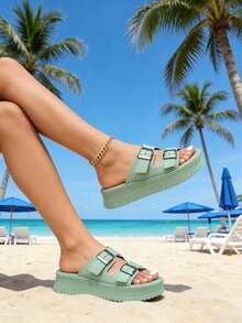 FZY Summer New Matte EVA High-Heeled Women's Slippers With Metal Square Buckles, Double-Layer Adjustable Strap Design. Wide Toe And Arch Support For Comfortable And Non-Fatiguing Wear. Waterproof, Anti-Slip, Wear-Resistant, Lightweight. 4cm. Fashionable And Versatile, Available In Multiple Colors. Women's Sandals. Lightweight, Waterproof, Easy To Clean. Long Wear Does Not Tire The Feet. Suitable For Indoor And Outdoor Use. Daily Commuting, Beach Vacation Casual Loungewear. Simple Style, Suitable For Casual Dresses And Pants. Everyday Slip-On Casual Shoes. Elegant Women's Shoes For Easter. - màu xanh lá - Xem 5