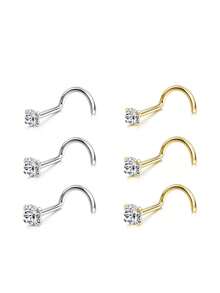 3Pcs/6Pcs Stainless Steel Cubic Zirconia Nose Stud Set (1.5/2/3mm Silver & Gold) - Hypoallergenic Body Jewelry For Daily Wear, Parties & Special Occasions - Showcase Unique Pride With Sparkling Elegance - S-shaped Nose Stud - View 9