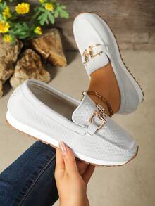 Women's Mesh Loafers With Metal Buckle Decor, Slip-On Casual Shoes With Thick Comfortable Soles, Suitable For Daily Wear And Work - Silver - View 2
