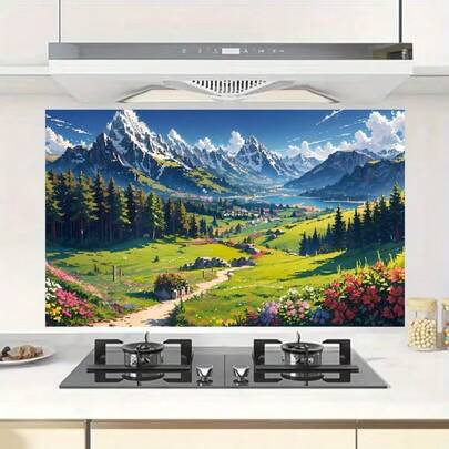 1 miếng dán tường tự dính cho nhà bếp, họa tiết núi rừng, decal phẳng 2D, thích hợp trang trí tường bếp, kính, phòng ngủ, phòng tắm, văn phòng và nhiều nơi khác.