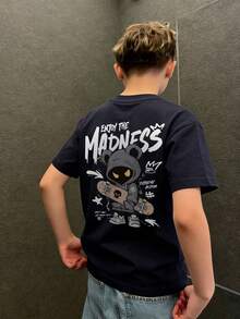 男童休闲印花圆领短袖T恤，夏季上衣 - 藏蓝色 - 查看 8