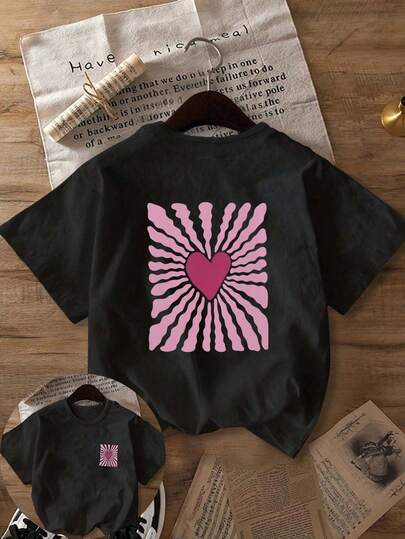 Women's Casual Heart Wave Pattern Round Neck Short Sleeve T-Shirt, Romantic Design, Suitable For Spring, Summer, Autumn, Valentine's Day/Back To School Season