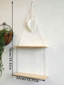 1pc Beige Leaf Pattern Hanging Wall Shelf Boho Aesthetic Decorative Floating Display Shelf Minimalist Nordic Style Rope Hanging Storage Rack Elegant Feather Detail Wall Organizer Plant Display Shelf Decorative Home Accent Suitable For Living Room Bedroom Bathroom Kitchen Balcony Apartment Dorm Wall Decoration Plant Holder Shelf Room Decor - Multicolor - View 10