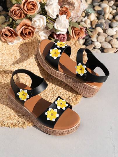 1 Pair Girls' Summer Sandals, Minimalist Colorblock Floral Hook And Loop Design, Fashion Daily Outdoor Vacation Beach Wear Platform Wedge Sandals