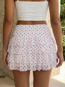Women's Summer Mini Skirt Casual Stylish Dot Print Layered Ruffled Mid Rise Short Skirt - Pink - View 7