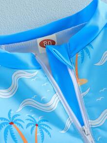 Traje de baño de manga larga con estampado de árbol para bebé niño, con protección solar y gorro para el sol. - Azul - Ver 4