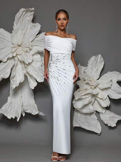 Off-Shoulder Bodycon Bandage Dress, Beaded Embellishment, Sexy Fitted Silhouette, Slit Design, Suitable For Family Gatherings, Parties, Formal Events Spring