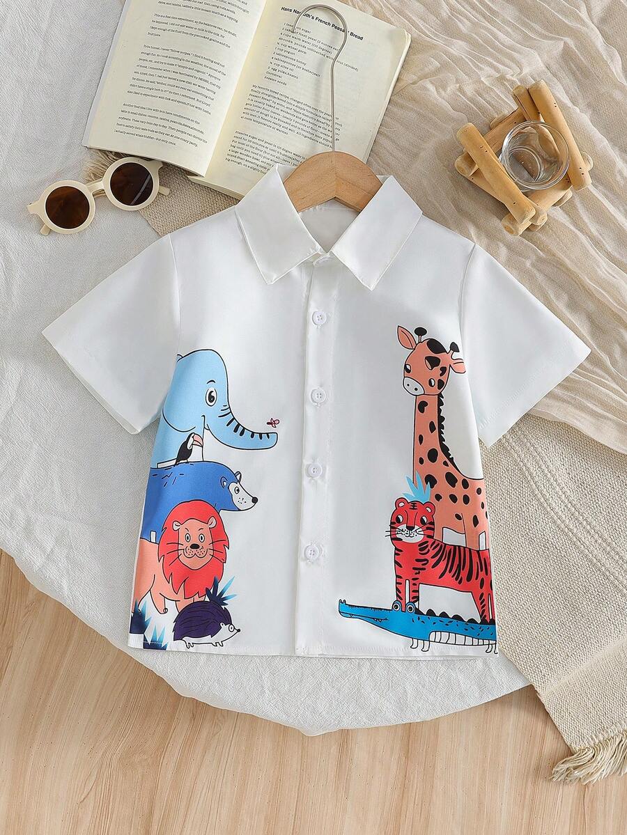 Camisa de manga corta casual y linda con estampado de animales del parque de dibujos animados para niños - Parte superior cómoda de verano para niño, adecuada para viajes, fiestas y uso diario - Blanco - Ver 1
