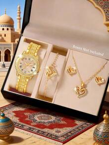 女士腕表，优雅时尚，表壳和表带镶嵌水晶，女士石英表套装，包含配套项链、耳环和手链，适合日常佩戴、生日礼物、返校季礼物、感恩节礼物、情侣礼物，最佳礼品（不含包装盒） - 金色 - 查看 1