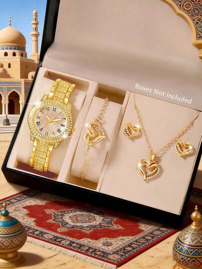 女士腕表，优雅时尚，表壳和表带镶嵌水晶，女士石英表套装，包含配套项链、耳环和手链，适合日常佩戴、生日礼物、返校季礼物、感恩节礼物、情侣礼物，最佳礼品（不含包装盒）