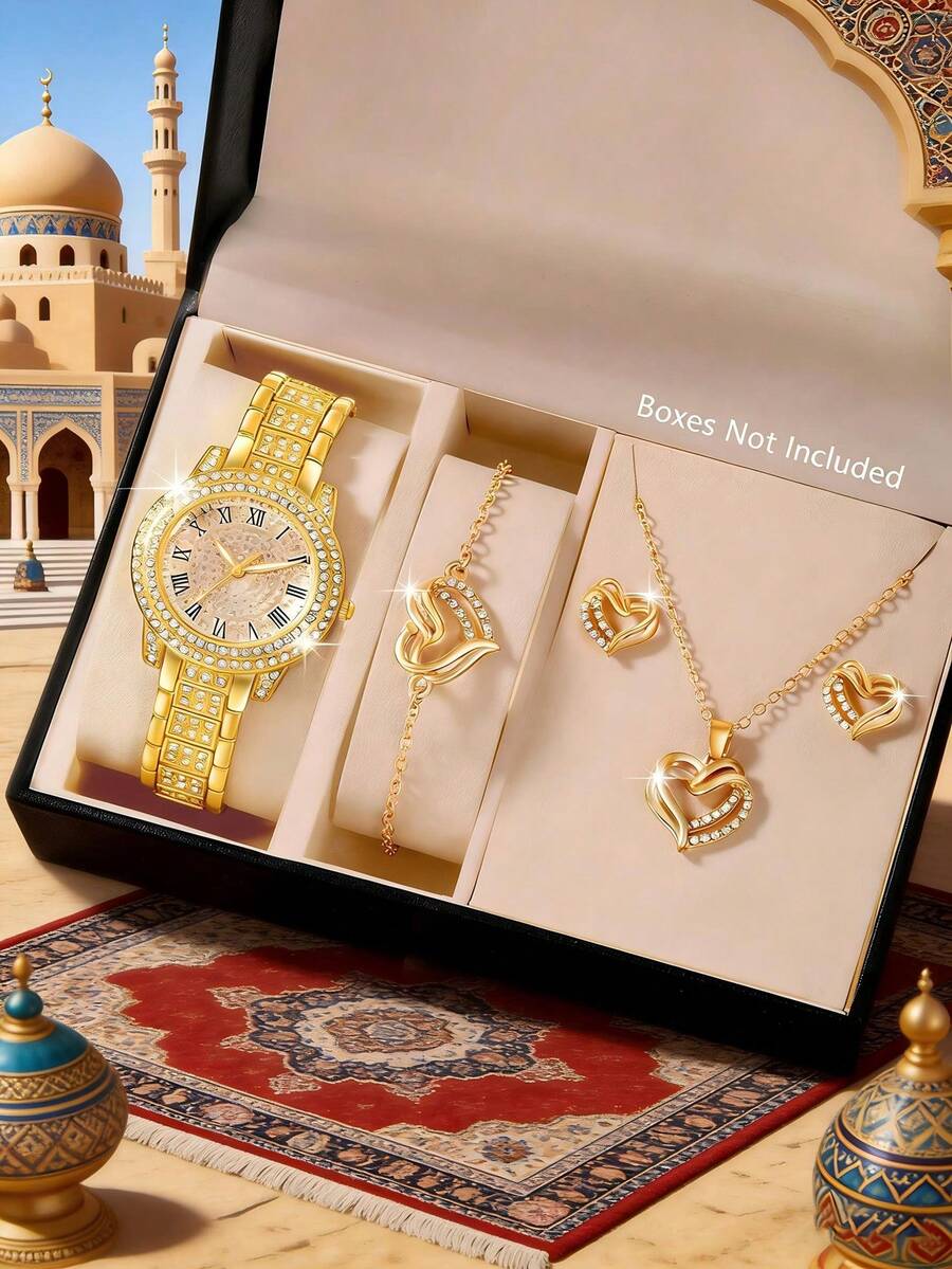 女士腕表，优雅时尚，表壳和表带镶嵌水晶，女士石英表套装，包含配套项链、耳环和手链，适合日常佩戴、生日礼物、返校季礼物、感恩节礼物、情侣礼物，最佳礼品（不含包装盒） - 金色 - 查看 1