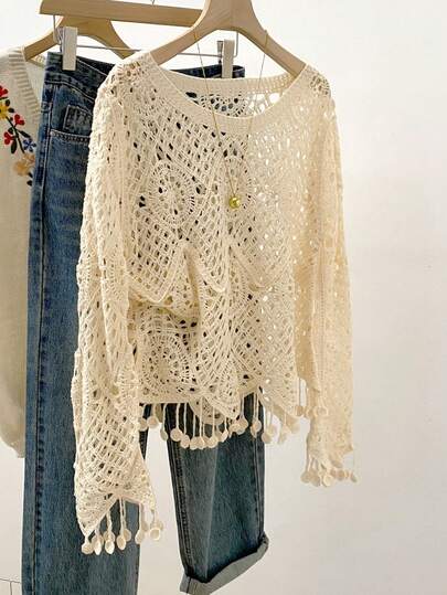 Solid Color Hollow-Out Women Knit Sweater With Asymmetric Tassel Hem, Suitable For Summer Tops, Vacation & Leisure