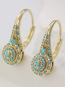 1/2/3 Pairs Elegant Turquoise Teardrop Earrings, Gold-Tone Statement Drop Earrings, Luxury Jewelry For Women, Daily Wear, Party & Valentine Gift - Imitation Turquoise Earrings - View 2