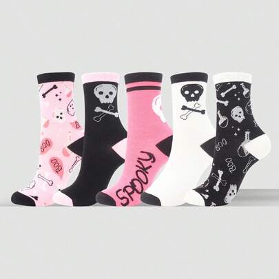 5 pares de calcetines tipo tripulación con estampado de calavera, calcetines deportivos gruesos de estilo urbano para hombres y mujeres, adecuados como regalos de Halloween, regalos para novios