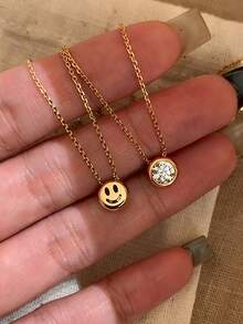 1 pieza Collar de cadena de clavícula de lujo reversible con cara sonriente de cristal único minimalista de acero inoxidable - Collar de burbujas con cara sonriente - Ver 1