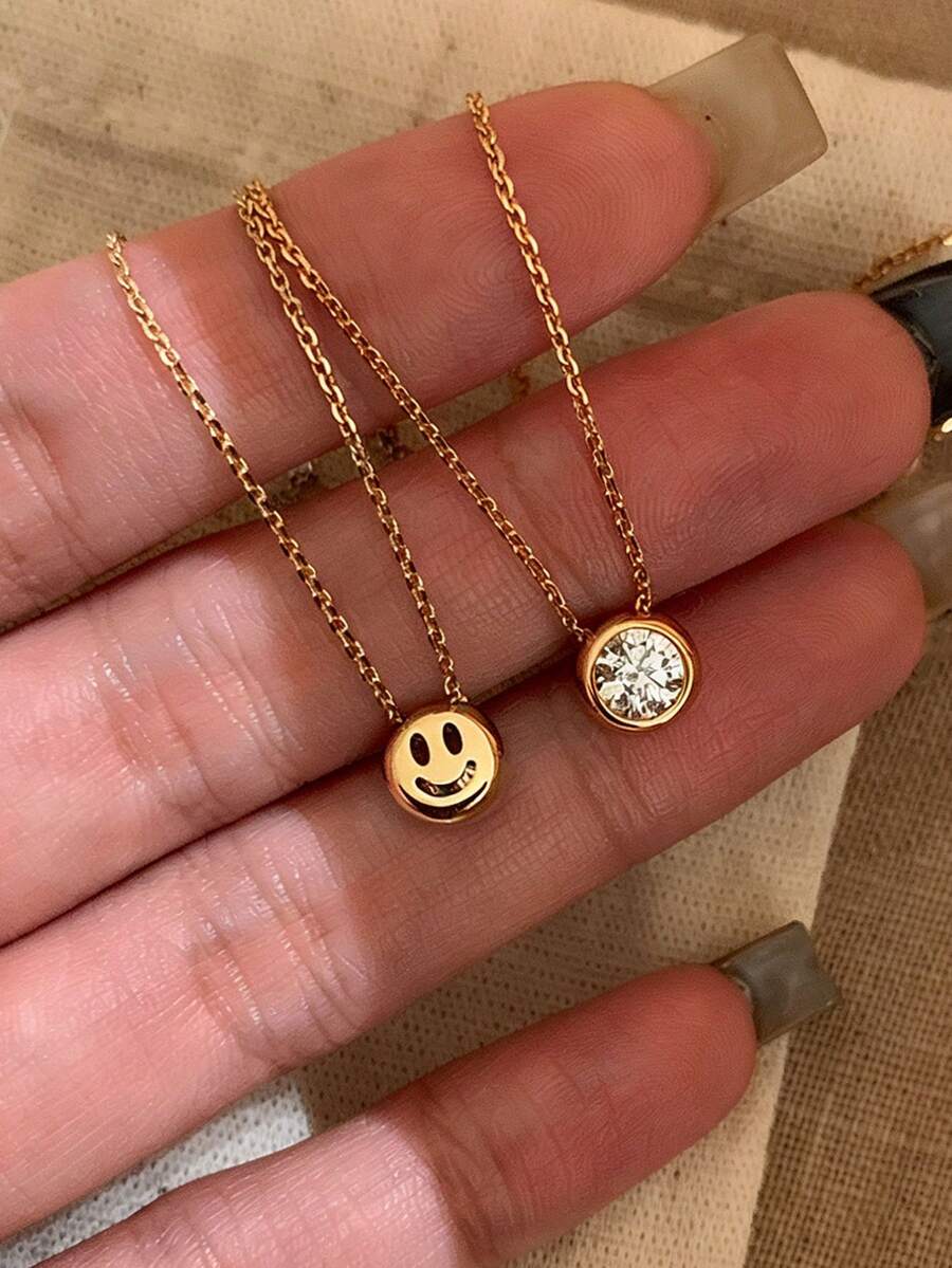 1 pieza Collar de cadena de clavícula de lujo reversible con cara sonriente de cristal único minimalista de acero inoxidable - Collar de burbujas con cara sonriente - Ver 1