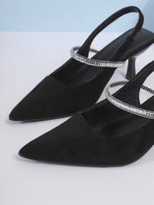 New Women's High Heel Pumps, Black Suede Pointed Toe Stilettos, Solid Color With Elastic Closure And Rhinestone Strap, Suitable For Work And Dates, Spring/Summer/Autumn - Black - View 9