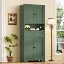 Kitchen Pantry Cabinet With Adjustable Shelf, Tall Storage Cabinet With 2 Drawers & 4 Door Shelves, Food Pantry Cabinets, For Kitchen, Dining Room, Living Room, Green - 綠色 - 查看 2