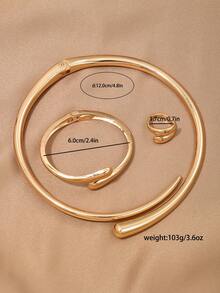 1 Set de joyería minimalista geométrica metálica de estilo europeo y americano, incluyendo collar, pulsera y anillo, adecuado para uso diario - Juego de 3 piezas amarillo dorado - Ver 7