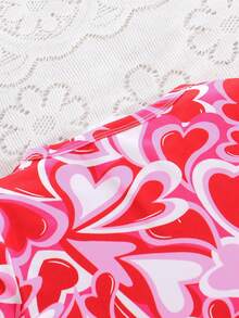 Set de 2 piezas de camiseta de manga corta de cuello redondo y pantalones acampanados con estampado de corazón para niñas pequeñas de moda - Rojo - Ver 8
